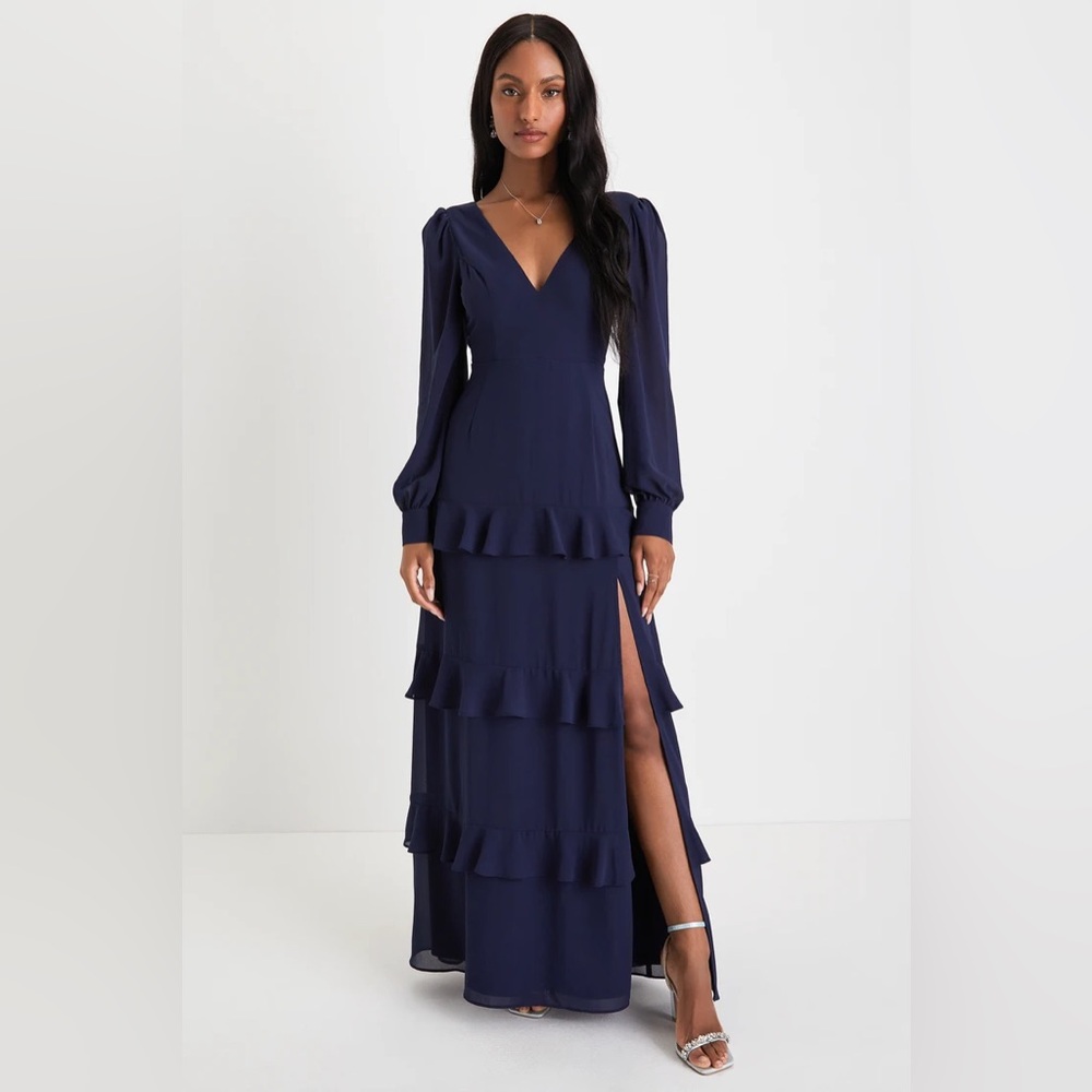 Lulus Gorgeous Expression Navy Blue Long Sleeve Tiered Maxi Dress in Small